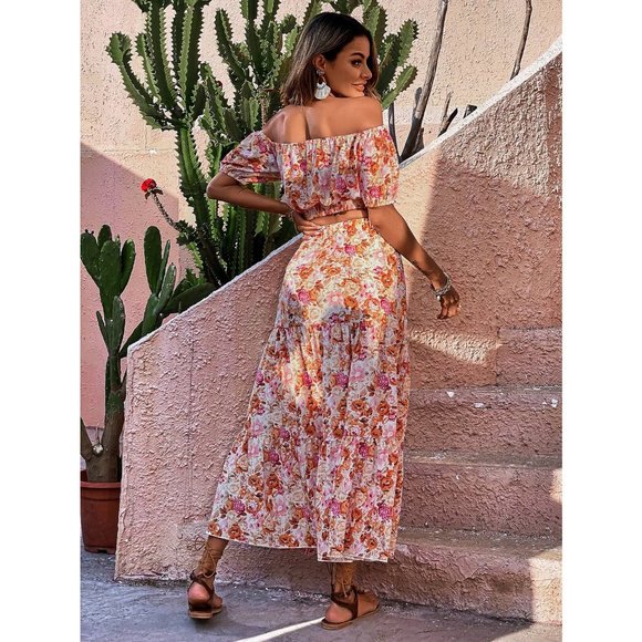 2 piece set Floral Off Shoulder Puff Sleeve Crop Top & Ruffle Hem maxi Skirt set - Picture 2 of 6